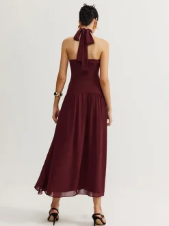 Cross-Over Halter Pleated Long Dress