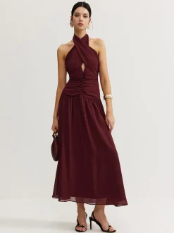 Cross-Over Halter Pleated Long Dress