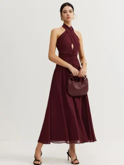 Cross-Over Halter Pleated Long Dress
