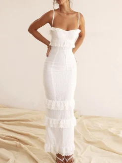 Cup Detail Layered Ruffle Eyelet Long Dress
