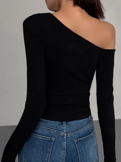 Cut Out Asymmetric Off Shoulder Slinky Long Sleeve Shirt