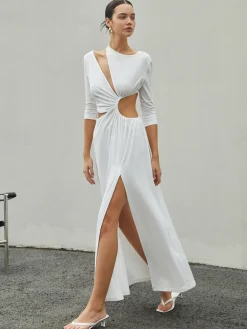 Cut Out Ruched Split Knit Maxi Dress