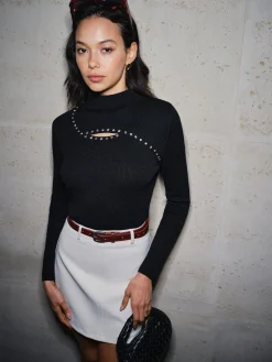 Cutout Beaded Slim Ribbed Sweater