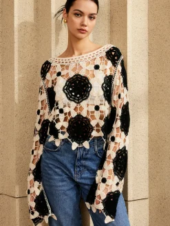 Cutout Crochet Flower Sweater