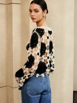 Cutout Crochet Flower Sweater