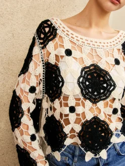 Cutout Crochet Flower Sweater