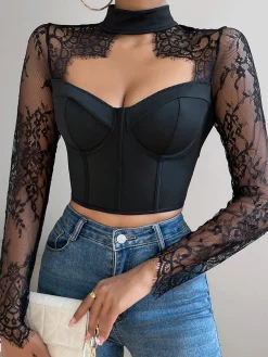 Cutout Lace Panel Corset Blouse