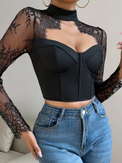 Cutout Lace Panel Corset Blouse