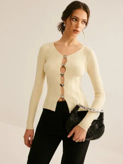 Cutout Metal Button Knit Top