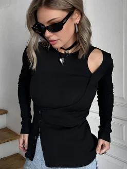 Cutout Panel Button Blouse