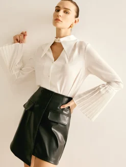 Cutout Plain Button Pleated Cuff Shirt