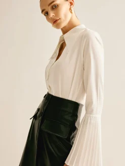Cutout Plain Button Pleated Cuff Shirt