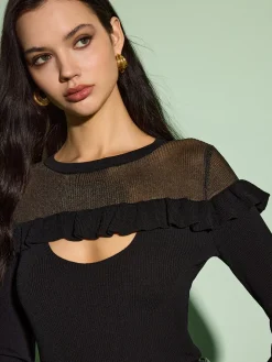 Cutout Ruffle Sheer Panel Knit Top