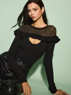 Cutout Ruffle Sheer Panel Knit Top
