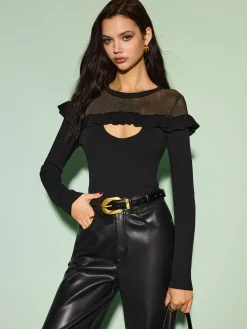 Cutout Ruffle Sheer Panel Knit Top