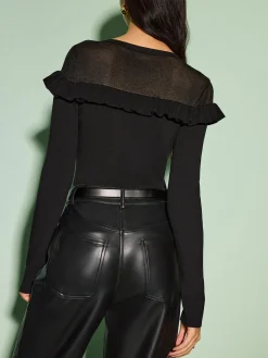 Cutout Ruffle Sheer Panel Knit Top