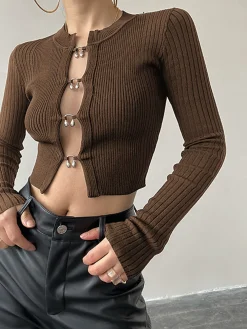 Cutout Split Beads Detail Ribbed Knit Top