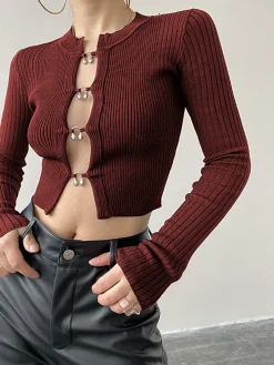 Cutout Split Beads Detail Ribbed Knit Top