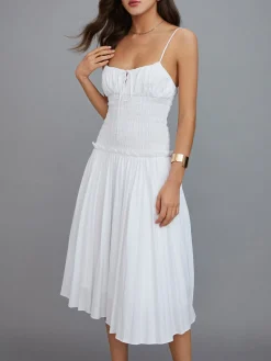 Cutout Tie Front Pleated Cami Midi Dress