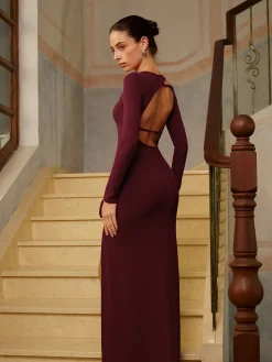 3D Flower Backless Split Jersey Dress