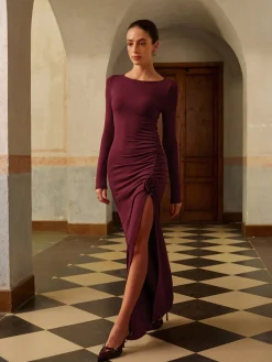 3D Flower Backless Split Jersey Dress