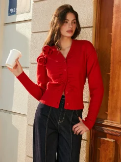 3D Flower Button Pleated Cardigan