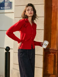 3D Flower Button Pleated Cardigan