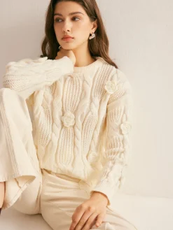3D Flower Cable-Knit Pullover Sweater