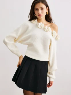 3D Flower Cold-Shoulder Sweater