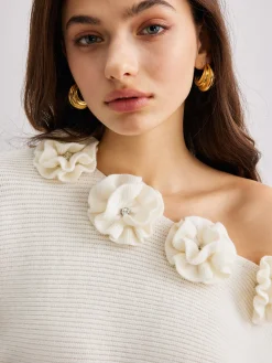 3D Flower Cold-Shoulder Sweater
