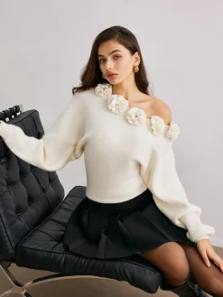 3D Flower Cold-Shoulder Sweater