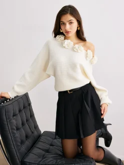 3D Flower Cold-Shoulder Sweater