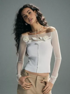 3D Flower Off-Shoulder Mesh Panel Top