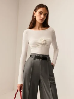 3D Flower Pleated Long Sleeve T-Shirt