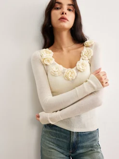 3D Flower Semi-Sheer Knit Top