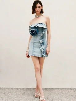 3D Flower Strapless Denim Short Dress