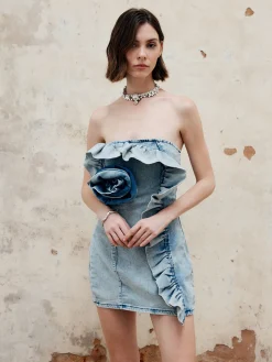 3D Flower Strapless Denim Short Dress