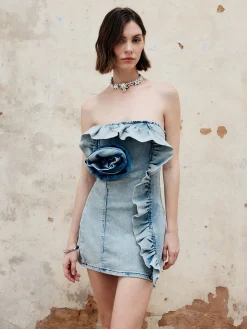 3D Flower Strapless Denim Short Dress