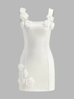 3D Flower Zipper Strappy Short Dress