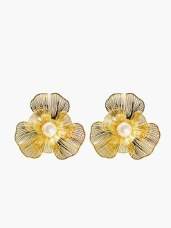 3D Metal Flower Pearl Earrings