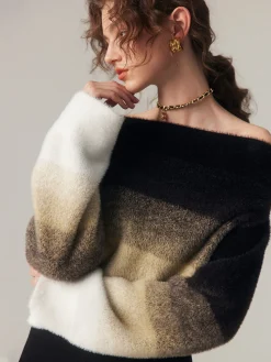 Dawn Ombre Fuzzy Off Shoulder Crop Sweater
