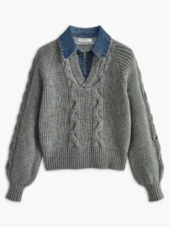 Denim Panel Ribbed Lapel Sweater