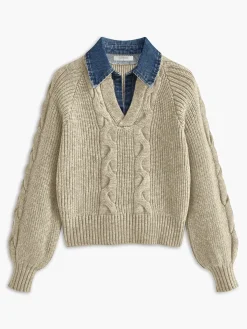 Denim Panel Ribbed Lapel Sweater