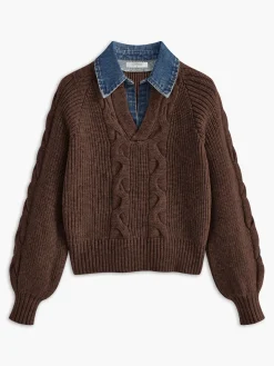 Denim Panel Ribbed Lapel Sweater