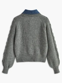 Denim Panel Ribbed Lapel Sweater