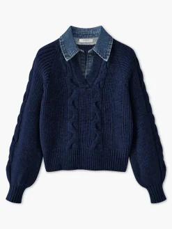 Denim Panel Ribbed Lapel Sweater