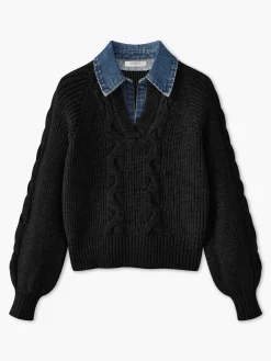 Denim Panel Ribbed Lapel Sweater