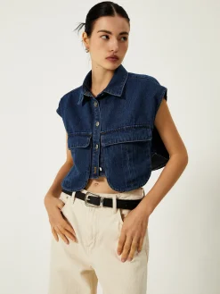 Denim Pockets Turn Down Collar Vest
