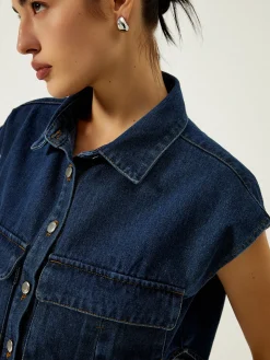 Denim Pockets Turn Down Collar Vest