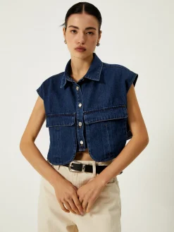 Denim Pockets Turn Down Collar Vest
